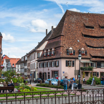 Wissembourg, France - August 17, 2014: People walking in a Wissembourg town center near Maison du Sel (The House of Salt), Alsace, France