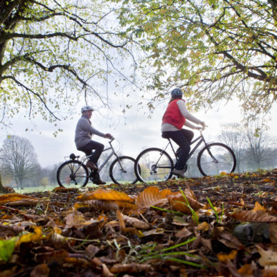 Mature adult couple riding bikes through the park, they are wrapped up warm and chatting to each other. It is a bright autumn day and the sun can be seen shining through the trees.